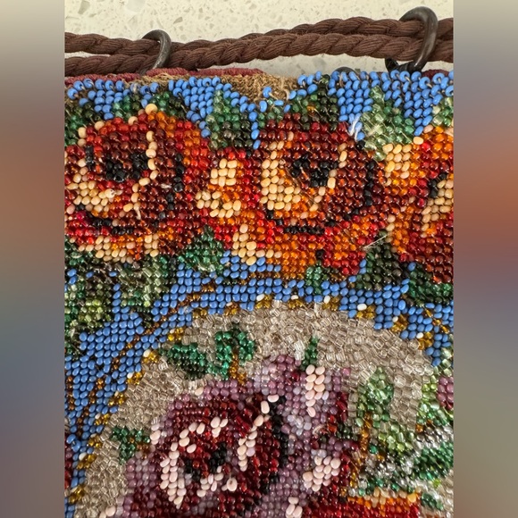 RARE 1890s Glass Beaded Cinch Bag w/Floral Pattern - Picture 6 of 16